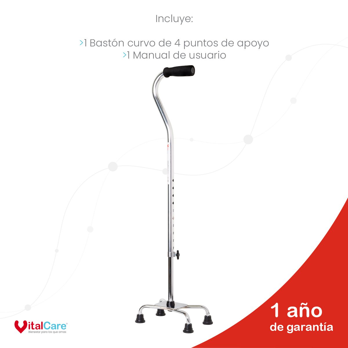 Bastón Curvo de Aluminio con 4 Puntos de Apoyo Ajustable | Plata - Imagen 8
