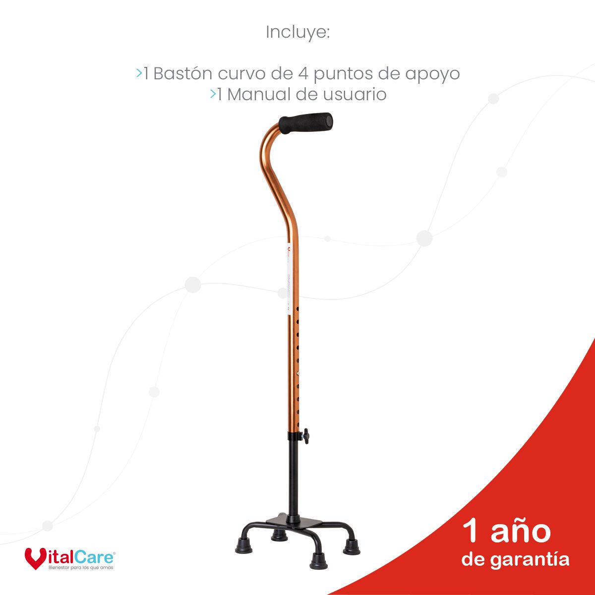 Bastón Curvo de Aluminio con 4 Puntos de Apoyo Ajustable (Cobre) - Imagen 8