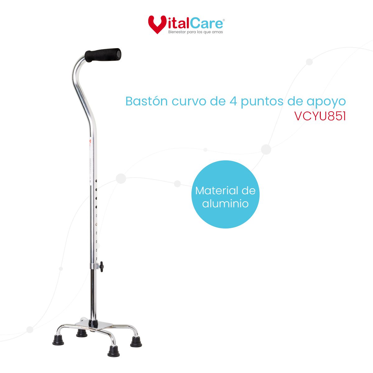 Bastón Curvo de Aluminio con 4 Puntos de Apoyo Ajustable | Plata - Imagen 2