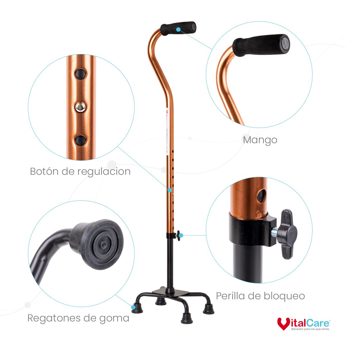 Bastón Curvo de Aluminio con 4 Puntos de Apoyo Ajustable (Cobre) - Imagen 4