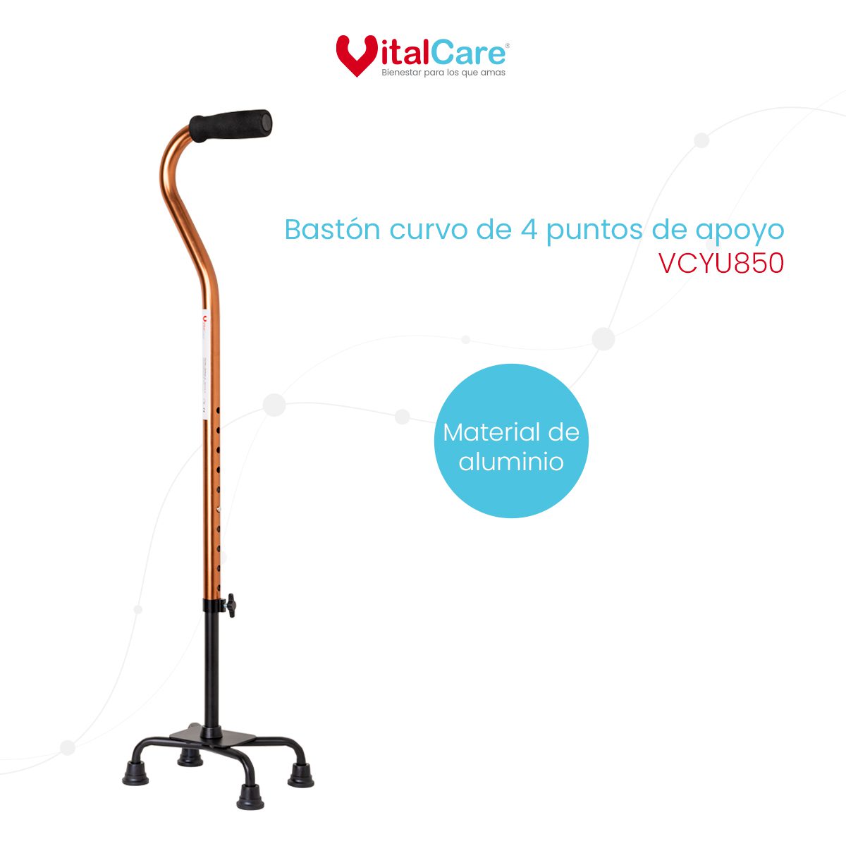 Bastón Curvo de Aluminio con 4 Puntos de Apoyo Ajustable (Cobre) - Imagen 2
